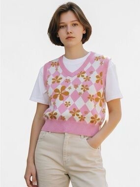 A-LAB Noire Pink Crop Sweater Vest S Argyle Diamond Mod Floral Retro Clean Girl
